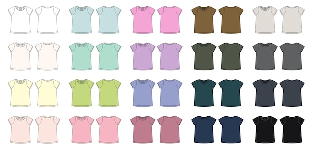 Vector set of blank t shirt technical sketch diffirent colors female tshirt outline design template collection short sleeve tee mockup bundle