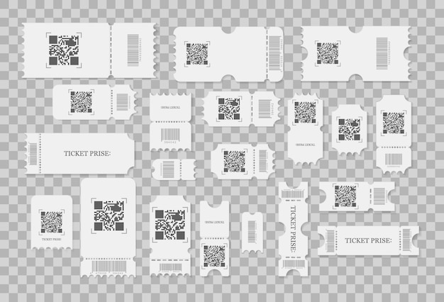 Set of blank tickets, coupons and vouchers with ruffle edges. Festival concert tickets, white paper coupon card layout and cinema admit one sheet.