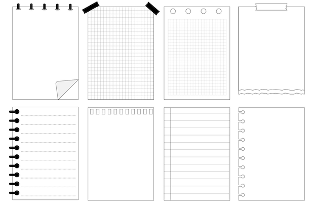 Vettore set di modelli di carta bianca vuota stampabile a righe note planner journal promemoria checklist promemoria blocco note