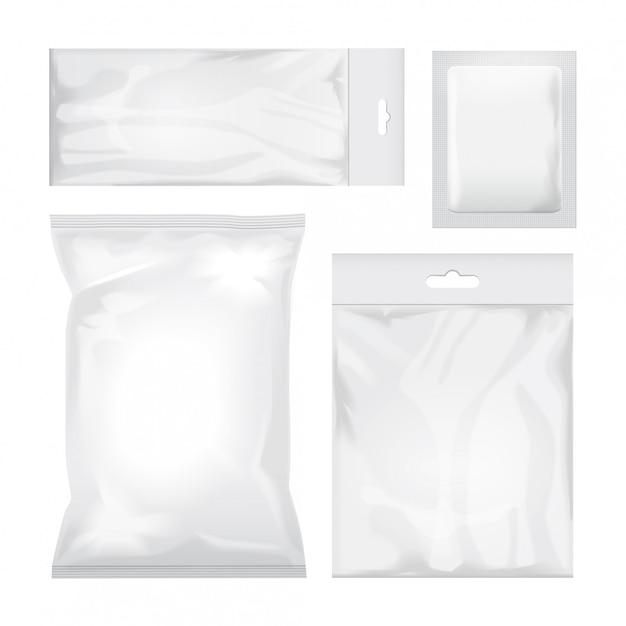 Vettore set di imballaggi in bianco bianco e trasparente sacchetto di alluminio per alimenti, snack, caffè, cacao, dolci, cracker, patatine, noci, zucchero. confezione di plastica