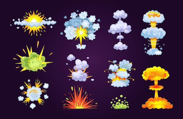 Vector set of blast atom explosive effect, burn abstract exploded hydrogen with dust, energy or fire