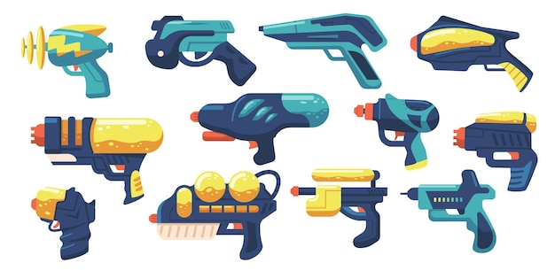 Установите Blaster Kid Toy Guns, Handguns или Rayguns Weapon. Пистолеты для игры, космическое оружие пришельцев или детское лазерное оружие. Коллекция икон военного оружия, изолированные на белом фоне. Векторные иллюстрации шаржа