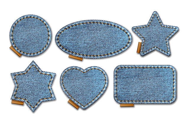 Vector set blauwe denim patches met stiksels lichtblauwe denim