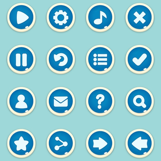 Set blauwe ronde knoppen in cartoon stijl. pak spelknop sjablonen ontwerp. Game UI-ontwerpkit
