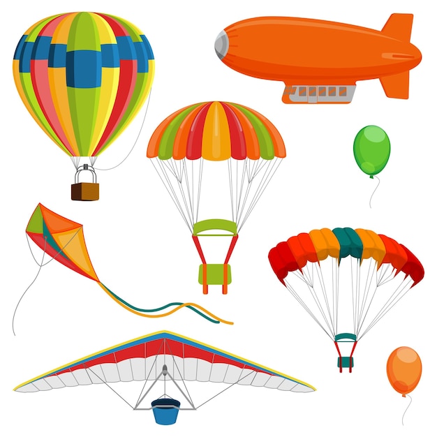 Set of blimp, paraglider and kite, air balloon and\
parachutes