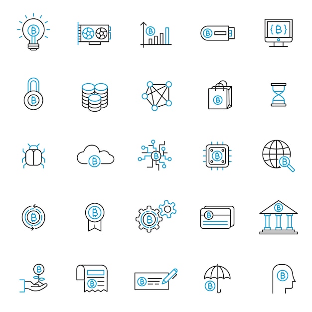 Set of blockchain tecnology icons, with thin line style, use for business web icon, bitcoin