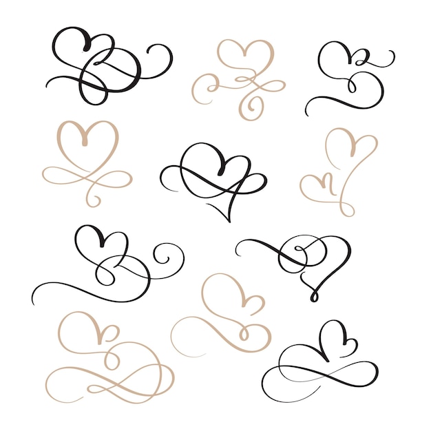 Set bloeien kalligrafie vintage harten illustratie vector hand getrokken