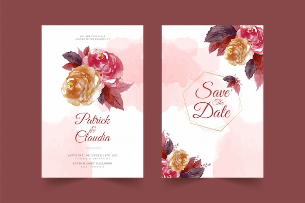 Set bloemen bruiloft uitnodiging kaartsjabloon met roze bloem en bladeren premium vector