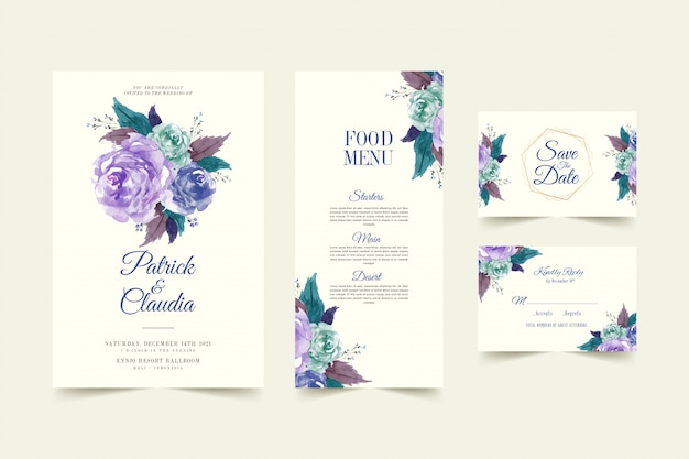 Set bloemen bruiloft uitnodiging kaartsjabloon met roze bloem en bladeren premium vector