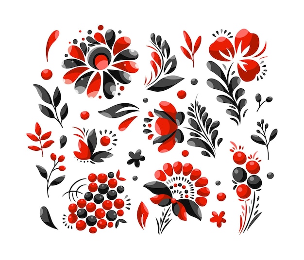 Set bloemen, Oekraïense stijl, rood en zwart