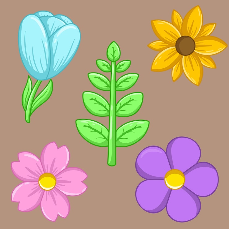 Vector set bloemen op een bruine achtergrond leuke vectorillustratie
