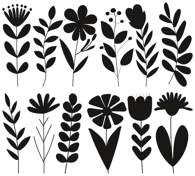 Set bloemen planten silhouet op witte achtergrond vector