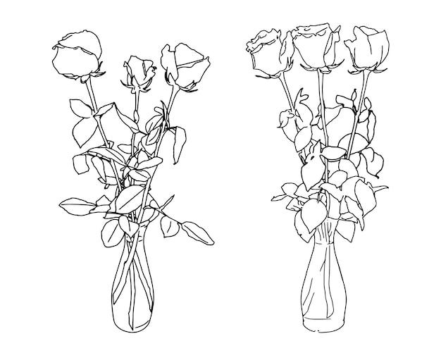 Set bloemen rozen in een vaas lineaire schets doodle