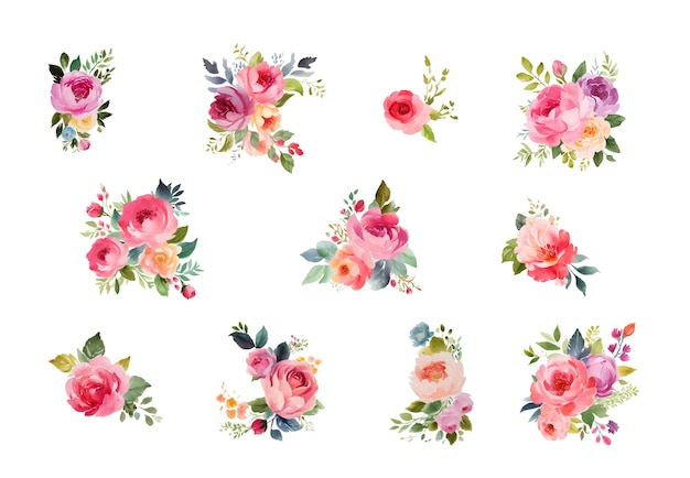 Set bloemen takken Bloem roze roos groene bladeren Wedding concept met bloemen
