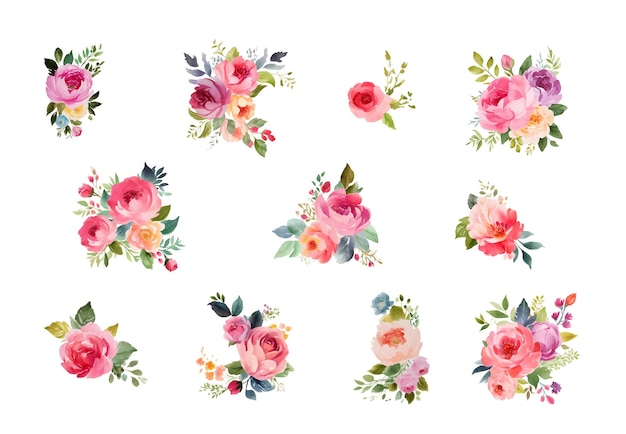 Vector set bloemen takken bloem roze roos groene bladeren wedding concept met bloemen