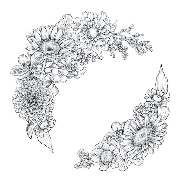 Set bloemencomposities boeketten met handgetekende bloemen en planten monochrome vectorillustraties in schetsstijl