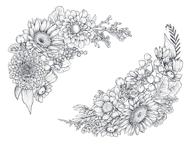 Set bloemencomposities Boeketten met handgetekende bloemen en planten Monochrome vectorillustraties in schetsstijl