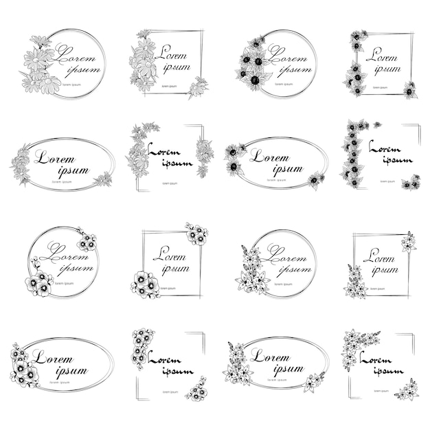 Set bloemenkaders voor tekst in zwart-wit