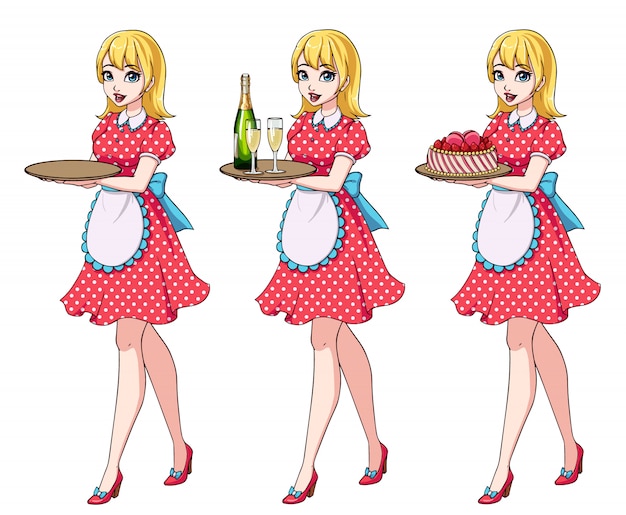 Vector set of blondie waitresses holding champagne and cake