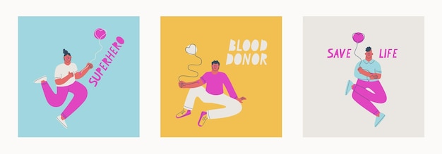 Vettore set di illustrazioni per la donazione di sangue slogan donatore di sangue salva vita supereroe simpatici personaggi