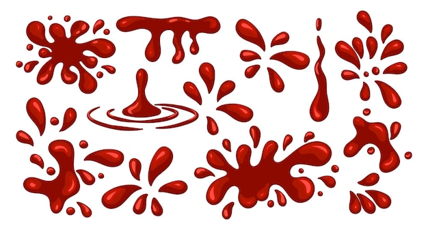 Vettore set di spruzzi di sangue e macchie di sangue rosso su uno sfondo bianco elementi di design vettoriali