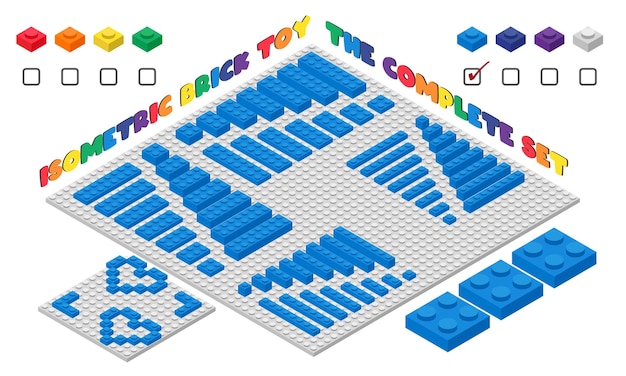 Set di giocattoli in mattoni per bambini 3d blu in stile isometrico. disegno vettoriale del set di giocattoli in mattoni di plastica