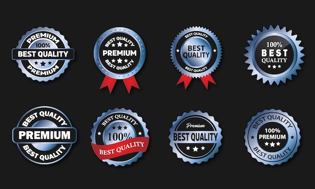 Vector set of blue badges, satisfaction guaranteed, best quality emblem collection.