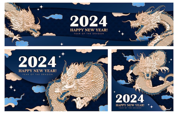 伝統的なシンボルとして中国のドラゴンを手描きの紙でカットした青いバナーのセット 2024年新年