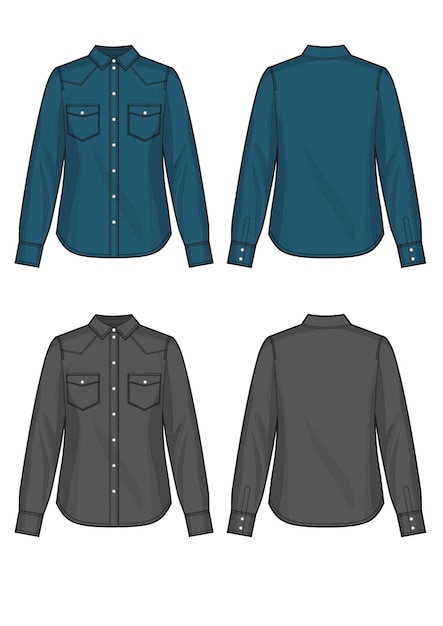 set of blue and black denim woman's shirts vector illustration front and back views