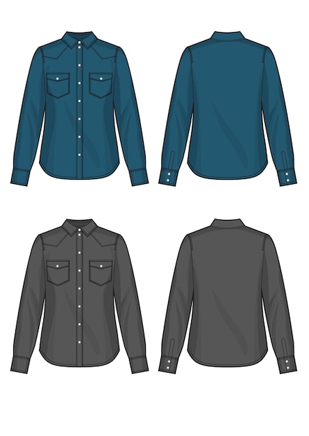 Set di camicie da donna in denim blu e nero illustrazione vettoriale vista anteriore e posteriore