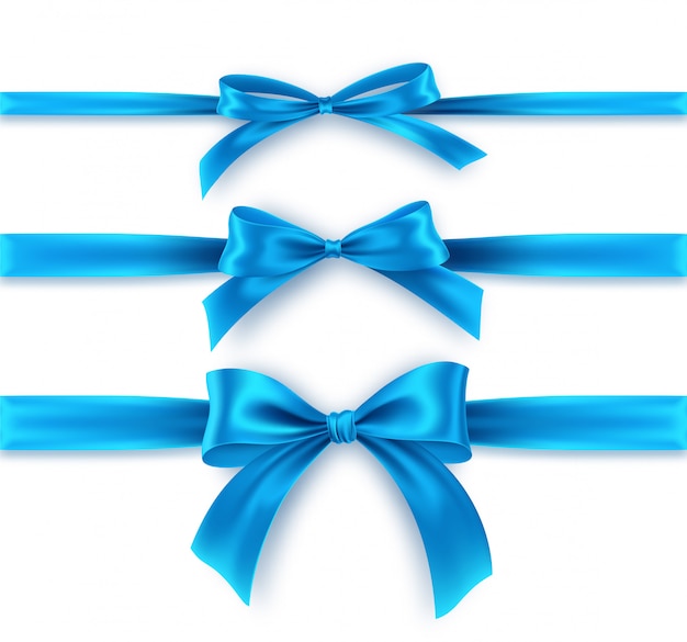 Set blue Bow and Ribbon on white background. Realistic blue bow.