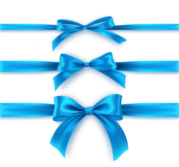 Set blue bow and ribbon on white background. realistic blue bow.