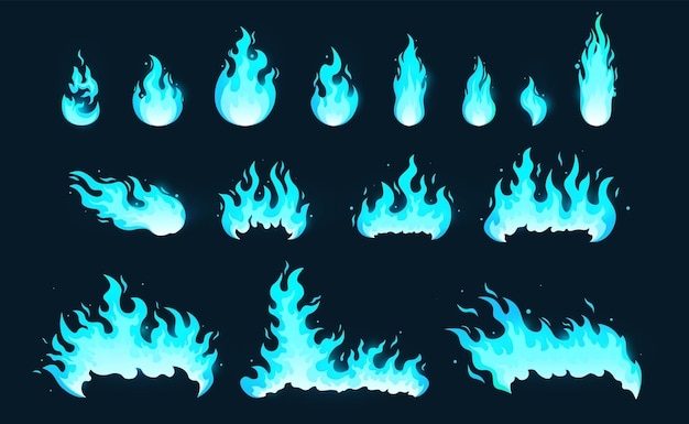 Vector set of blue burning fire