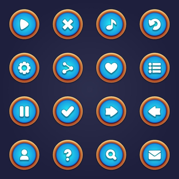 Vector set of blue buttons for mobile games game blue interface cartoon ui buttons set ui elements