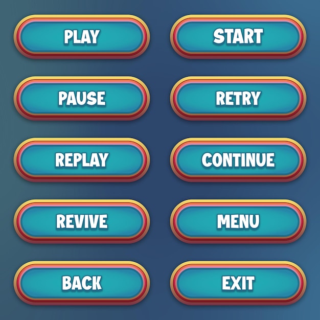 Vettore set di pulsanti blu con effetto di testo modificabile per giochi mobili interfaccia di gioco ui set di pulsanti