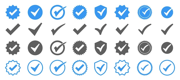 Set of blue certificate symbol Check icon in star and shield