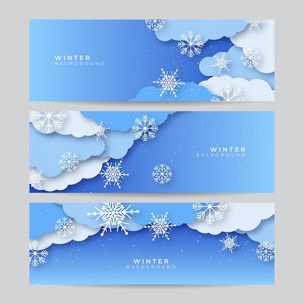 Set di banner di natale blu con fiocchi di neve. banner di saluto di buon natale e felice anno nuovo. sfondo orizzontale del nuovo anno, intestazioni, poster, cartoline, sito web. illustrazione vettoriale