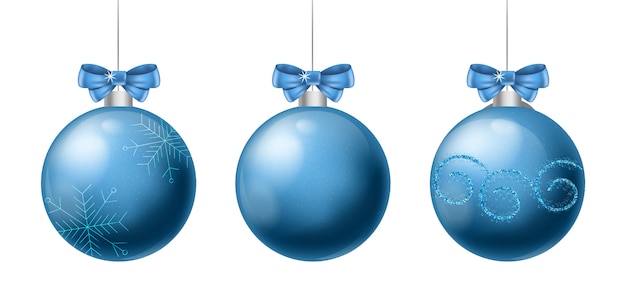 Set of blue christmas baubles with ribbon