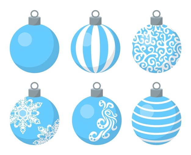 Set of blue Christmas tree toys with white pattern. Christmas balls with different decoration