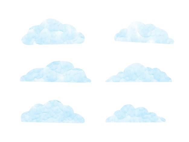 A set of blue clouds on a white background.