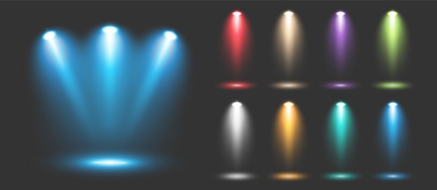 Vector a set of blue and colored luminous transparent lighting effects on a dark gray background