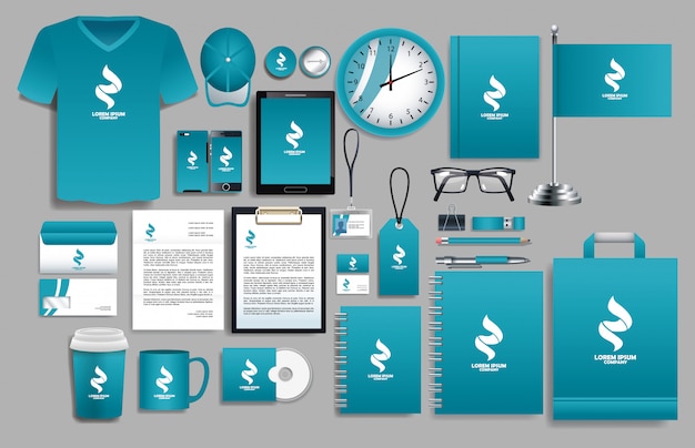 Set of blue elements with stationery templates