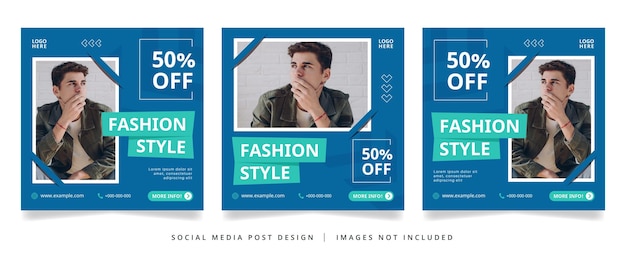 Set of blue fashion flyer or social media banner with photo frame