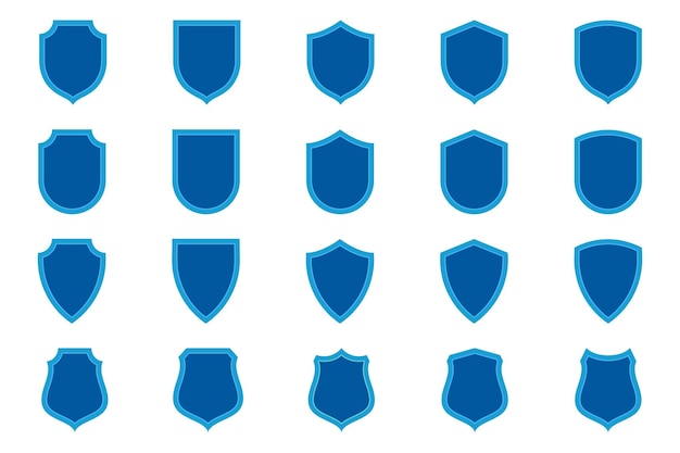 Web サイト デザイン ゲームのロゴ アプリと UI のブルー フラット セキュリティ シールドの安全と保護の図のセット