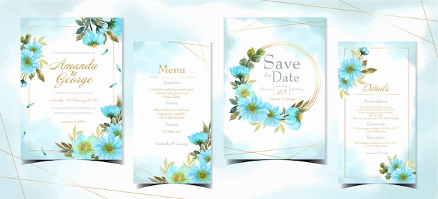 Set of blue floral wedding invitation collection