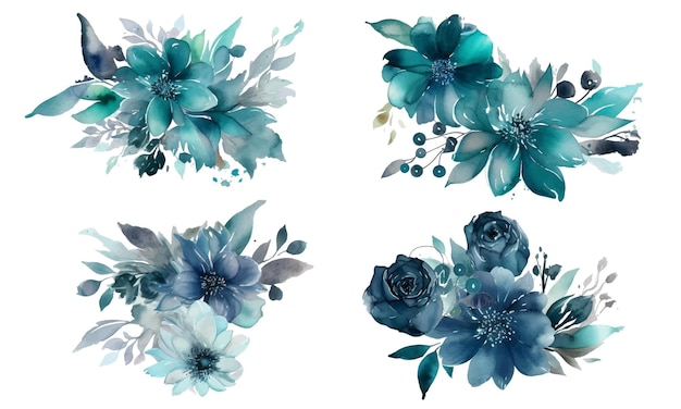 잎 배열이 있는 파란 꽃 세트