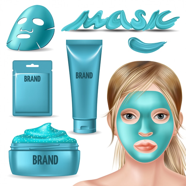 Vector set of blue foil mask and scrub for face ad