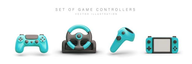 Set of blue game controllers Realistic image of gamepad console steering wheel