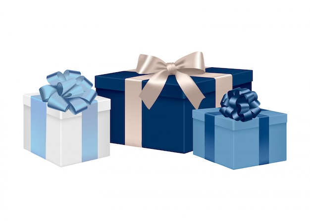 Vector set of blue gift boxes with satin bows and ribbons.