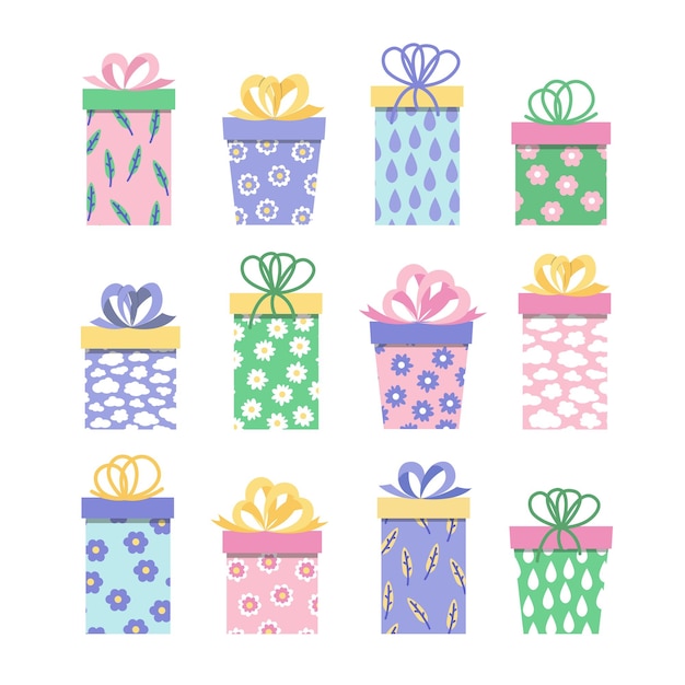 Set of blue green pink gift boxes Present box with clouds drops flowers leaves and bows